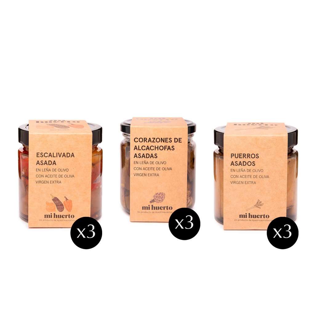 Pack mixto de escalivada, corazones de alcachofas y puerros asados a la leña de Olivo en AOVE (9 uds. x 325g)